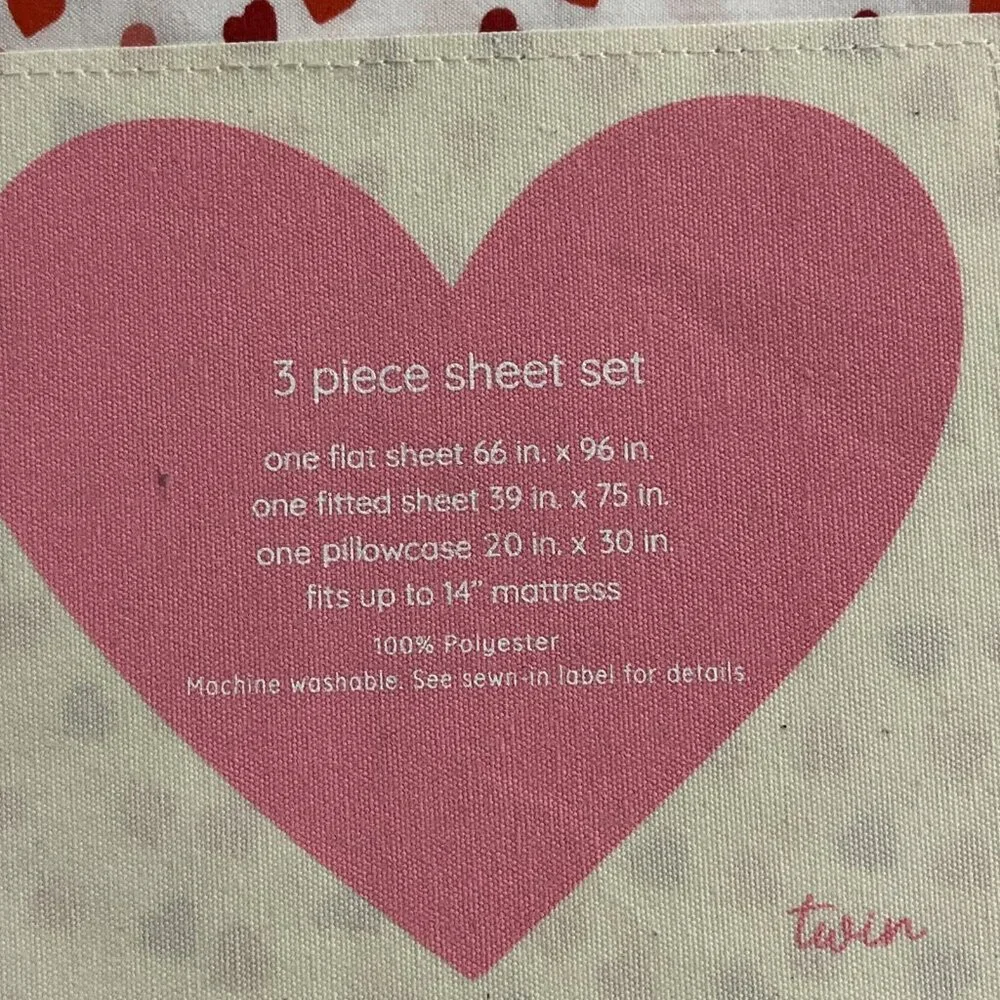 Oh Cupid Twin Sheet Set White With All Over‎ Pink Red Heart Print Valentine Love